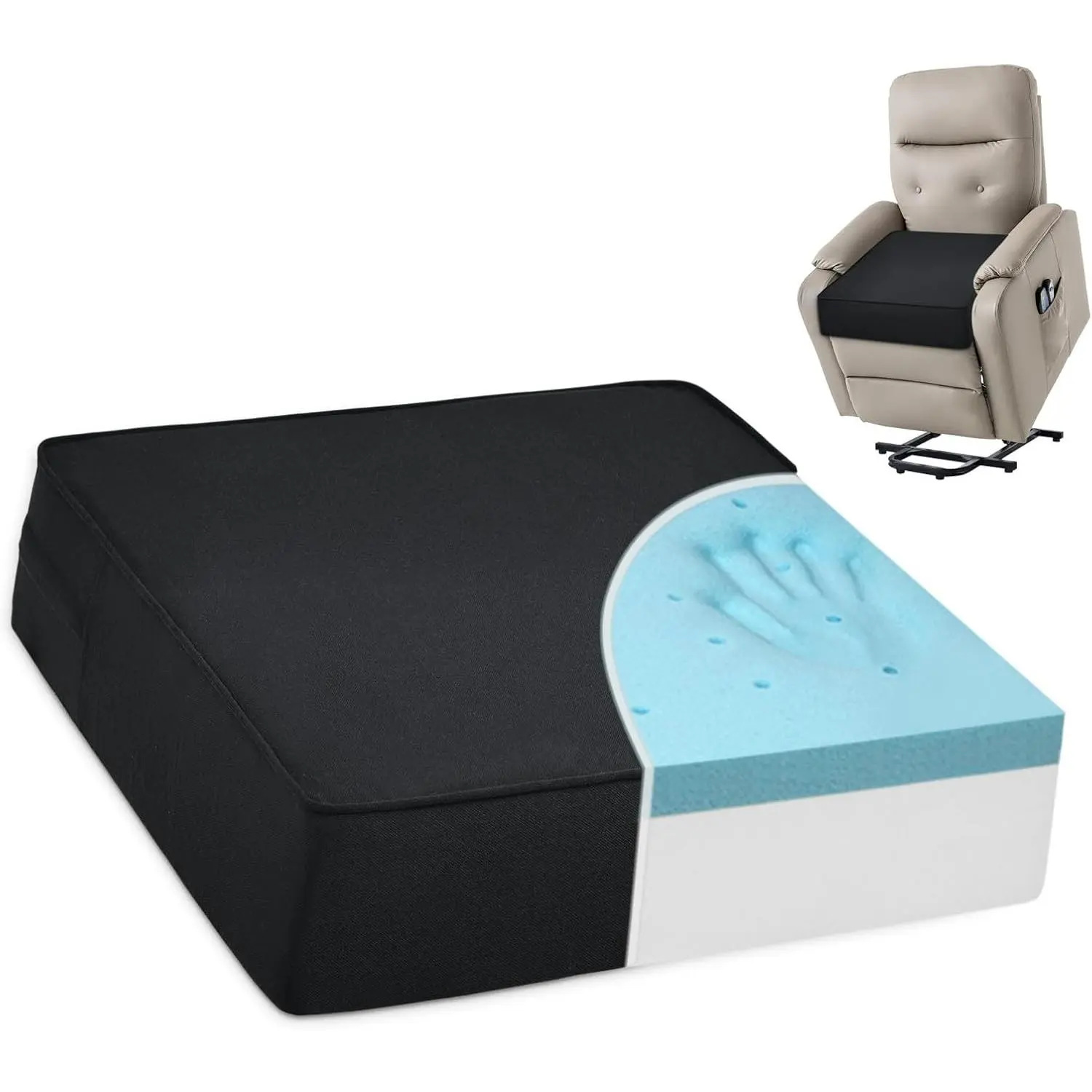 Gel Memory Foam Recliner Cushion for Elderly, Dual-Layer Foam Chair Pad, Extra Large Seat Cushion for Couch, Armchair, Wicker Chairs, Floor, 20 × 20 × 5in, Black
