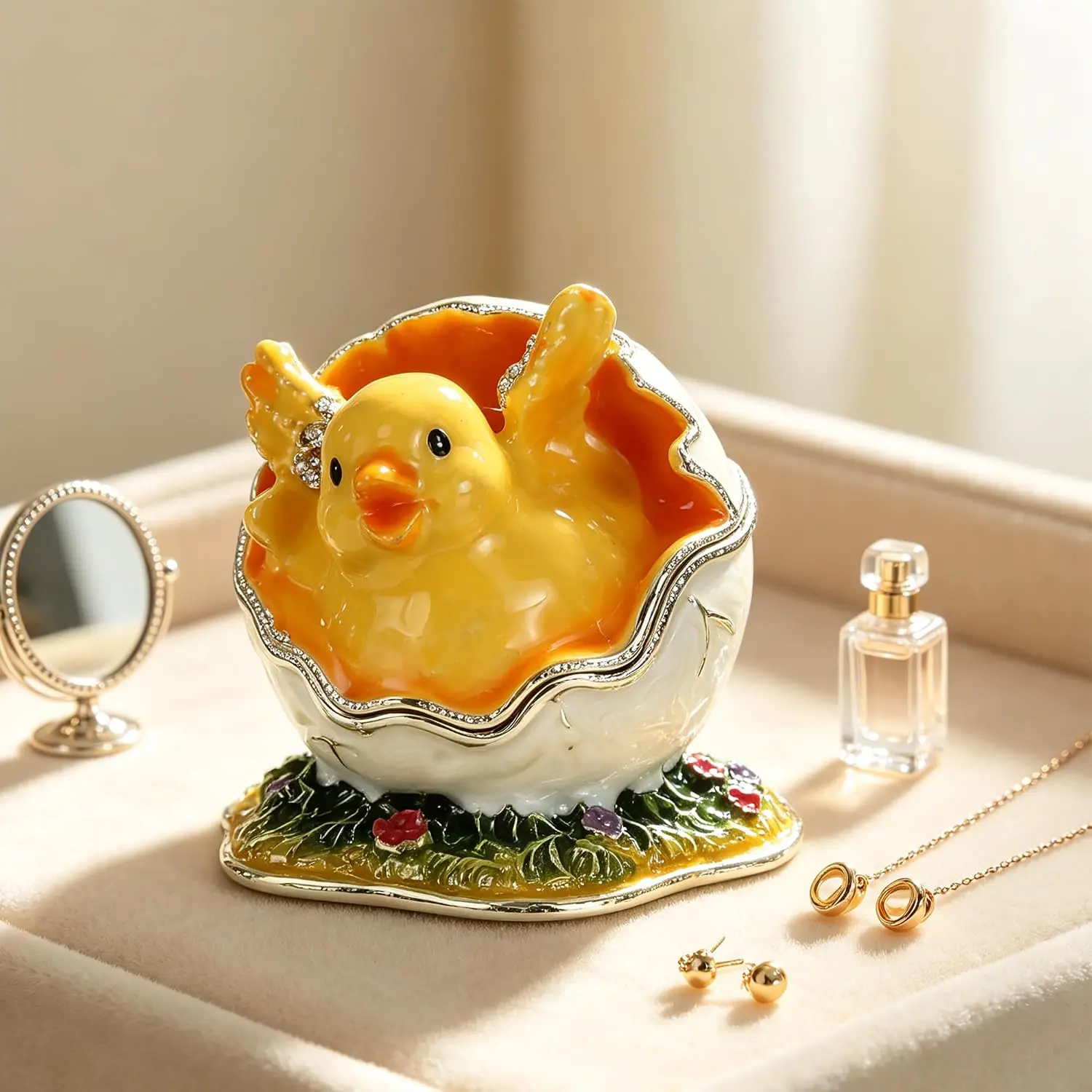 Hand Painted Enamel Trinket Box with Hinged Lid, Alloy Metal Compact 2x2" Organizer, Chick Motif Decorative Treasure Box, Gift for Lovers