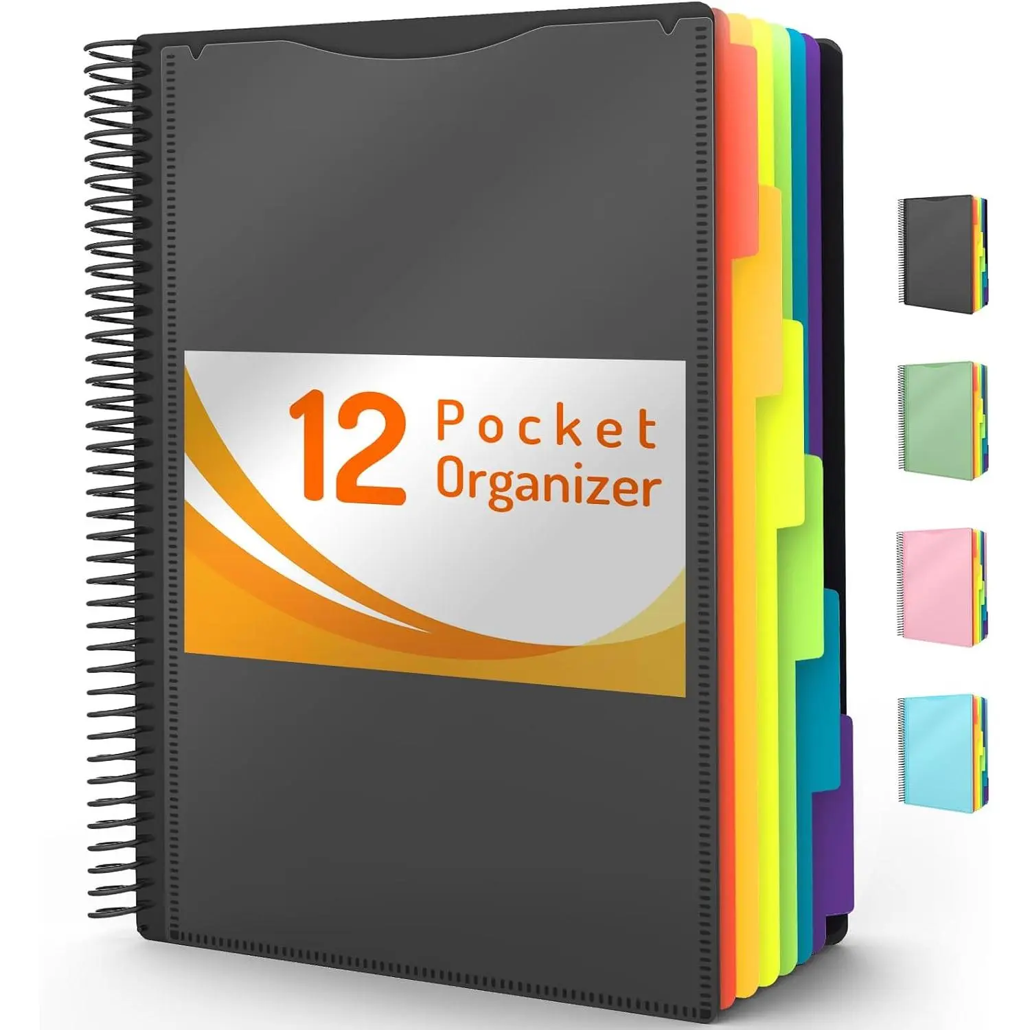 12 Pocket Project Organizer, 1/6-cut Tab Binder Organizer with Sticky Labels, Multi Pocket Folder with Zipper Pouch, Folder Binder Spiral Pocket Notebook, Office Supplies, Letter Size, Black