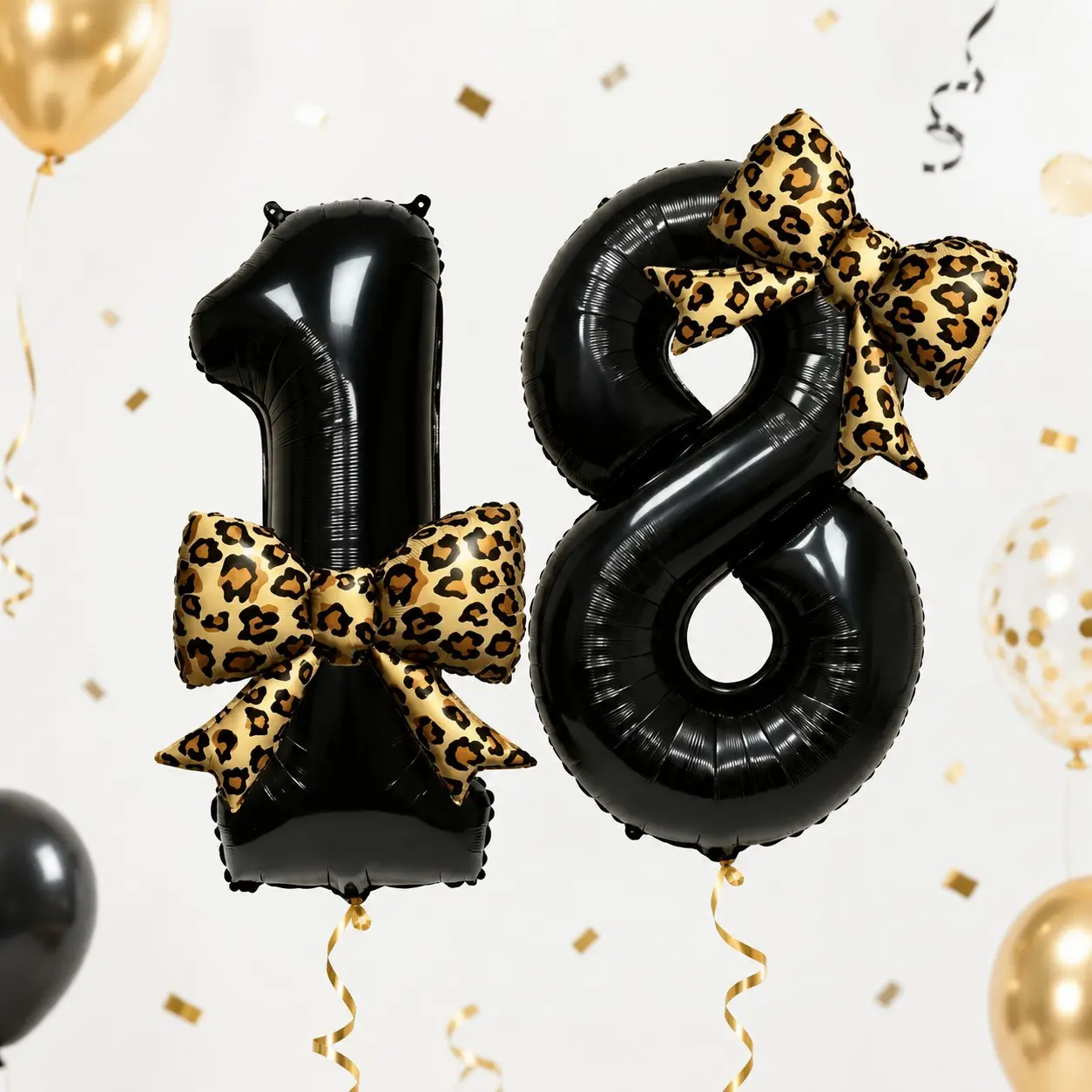 One 32-inch black 0-9 number foil balloon set with leopard print bow. Perfect for birthday party decorations, anniversaries, Valentine's Day, photo props, and balloon party supplies.