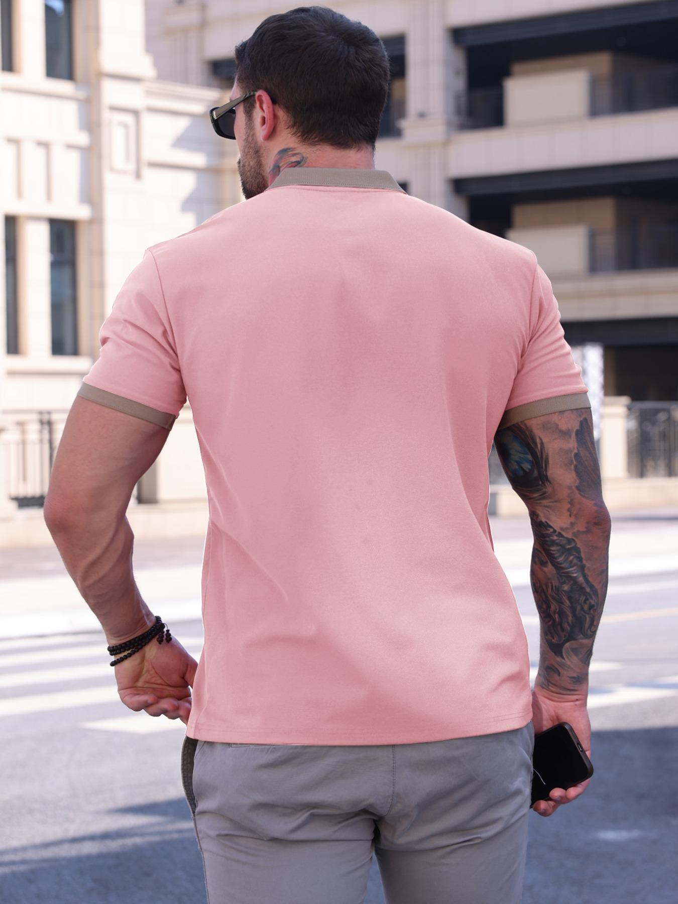 Men's Colorblock Print Contrast Trim Button Down Polo Shirt, Regular Fit Casual Short Sleeve Collared Top for Summer, Fashion Men's Clothes for Daily Wear