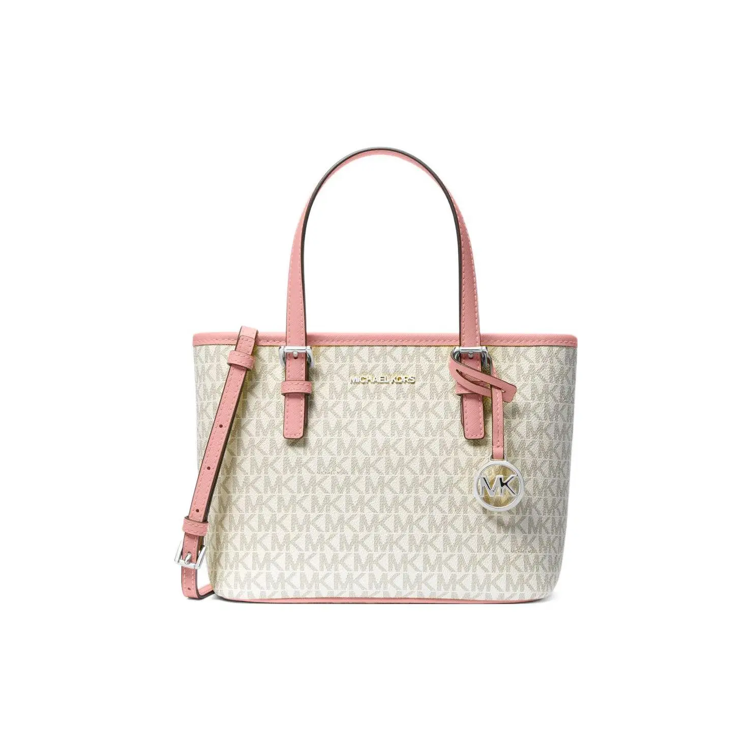 Michael Kors MK Jet Set Tote Bag for Women – Classic Monogram Canvas with Gold Logo, White and Pink