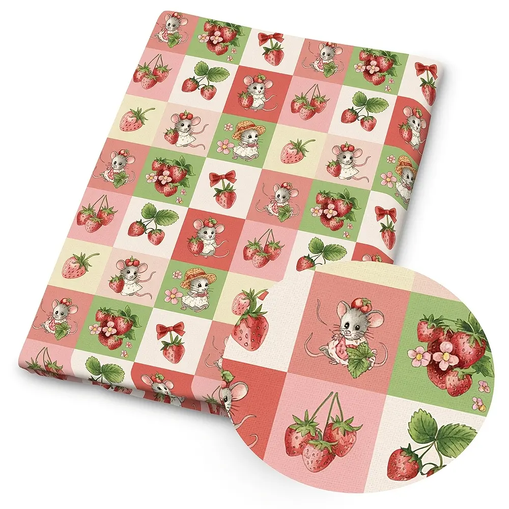 1pc Strawberry Mouse Print Fabric - 59 X 19.68 Inches (150 X 50cm) Pre-cut Polyester Fabric with Sweet Strawberry & Mouse Patterns - Suitable for DIY Sewing, Scrapbooking, Tablecloths and Crafts
