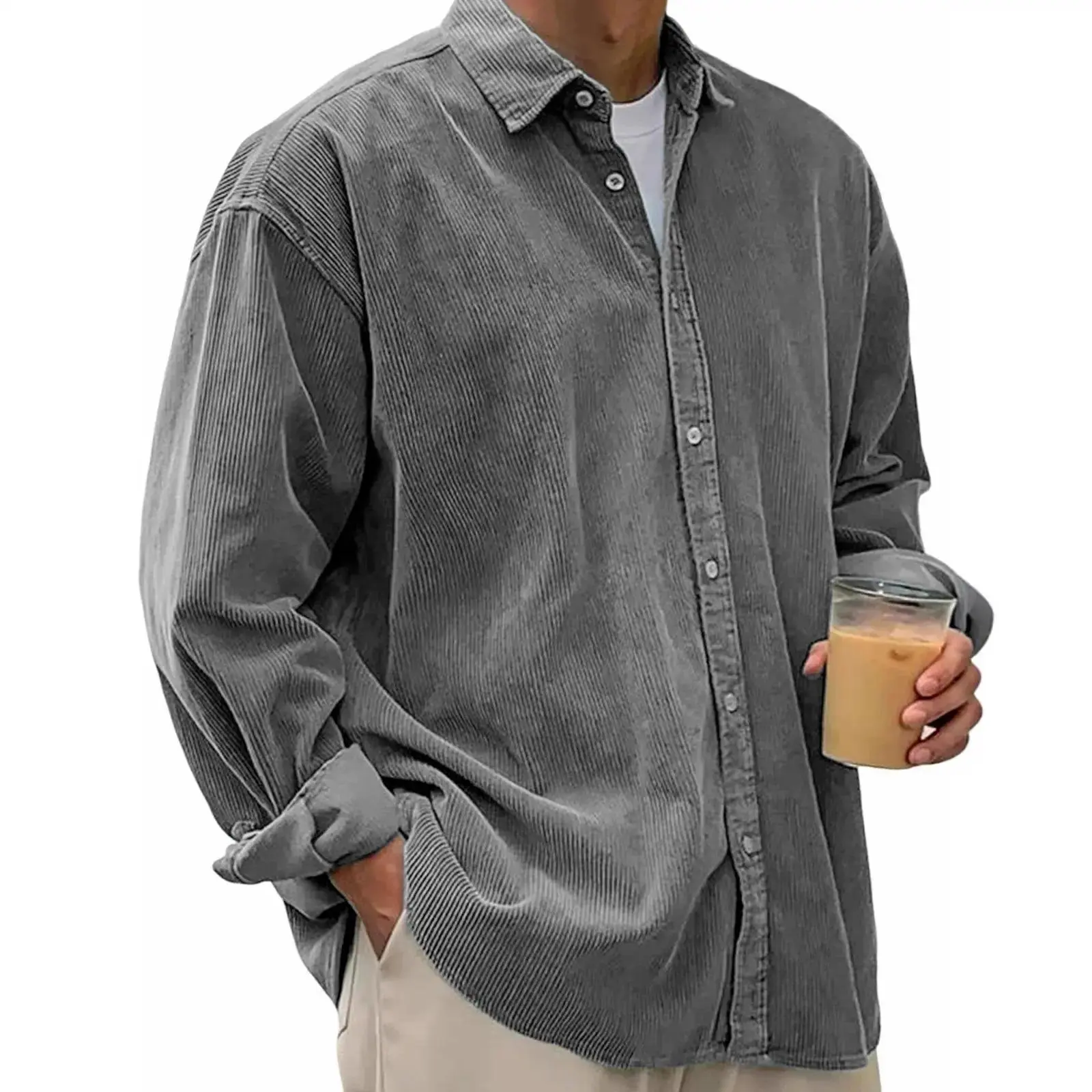 Menswear Casual Corduroy Shirt, Men's Oversized Long-Sleeve Button-Down for Fall Layering - Beige Grey