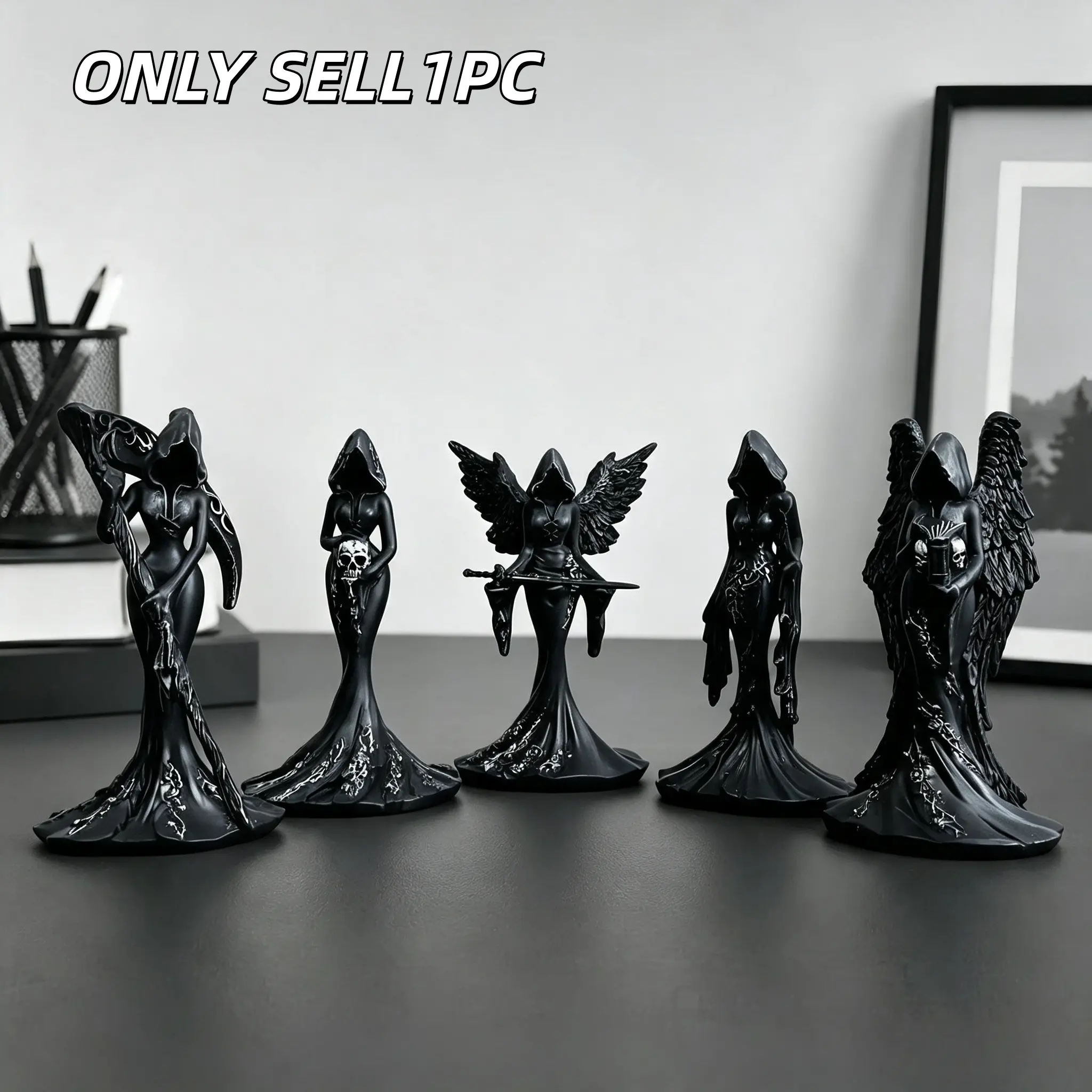 1PC Gothic Faceless Witch Statue, Dark Resin Grim Reaper Angel Figurine with Scythe, Skull and Wings, Spooky Desktop Decor Gift for Halloween, Resin Ornament