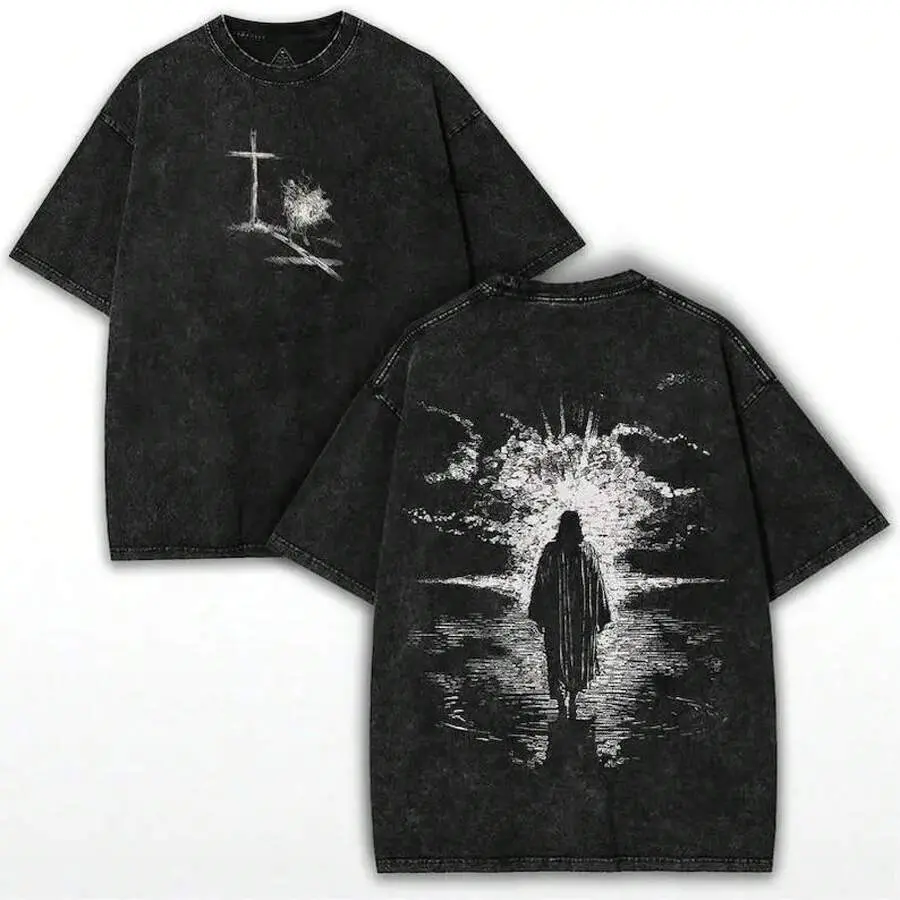 Men's 230g Crown Of Thorns Jesus Oversized Shortleeve Tee - Vintage Washed Heavy Cotton Christian Casual Crewneck Top, Comfortable Fabric, Outdoor Menswear, Shortsleeve