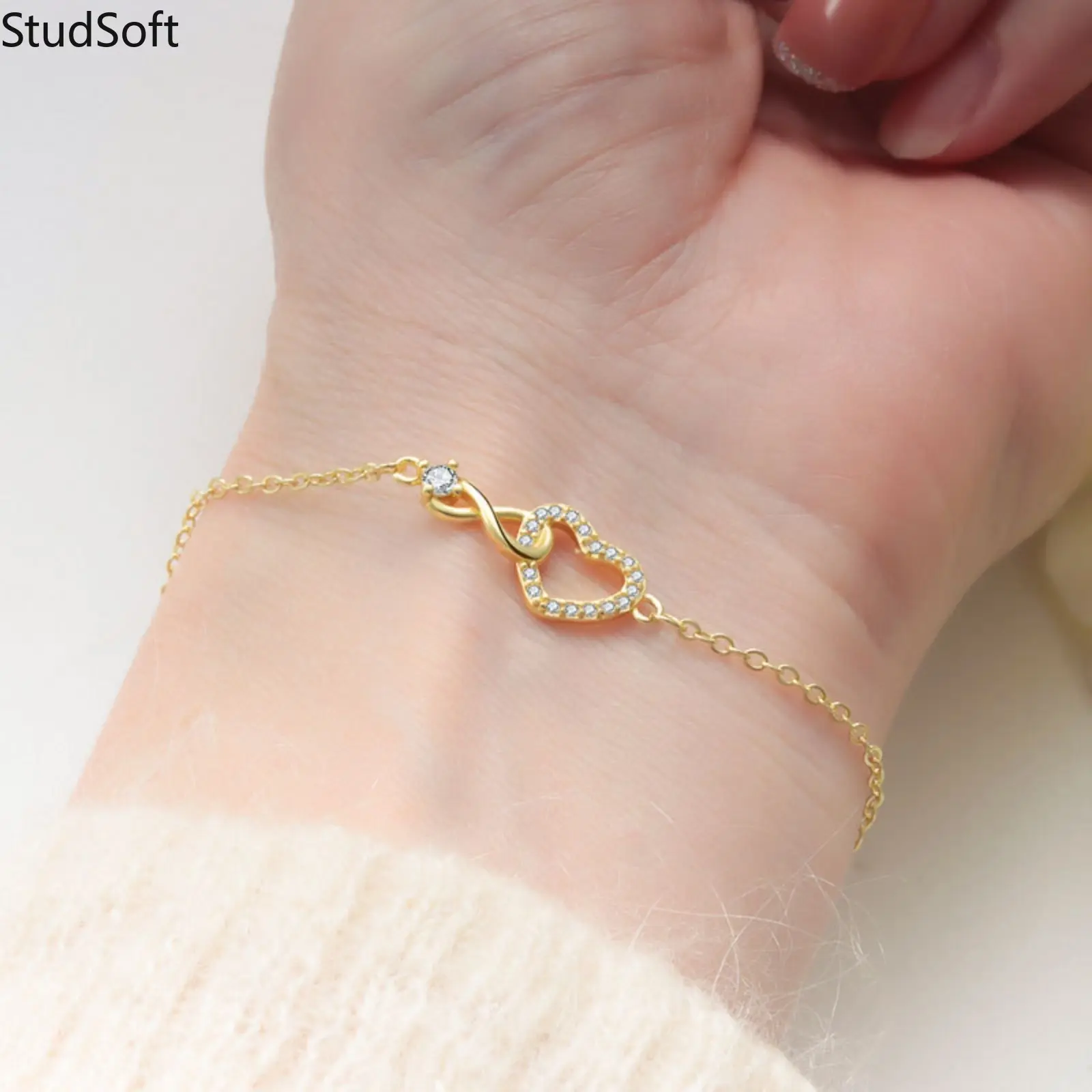 Elegant Infinity Heart Bracelet for Women, Gold-Tone Dainty Link Chain with Sparkly Cubic Zirconia, Adjustable Eternal Love Anniversary Gift, Gifts For Women, Female