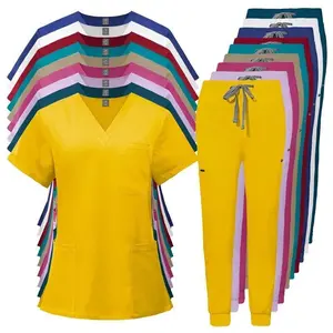 Scrubs Uniform Suit Short Sleeve V-Neck Tops & Jogger Pants Set Multicolor Women's Casual Nursing Uniform for Comfort and Work - Fitted scrubs women Womenswear Workwear Clothes Black(Sheets)