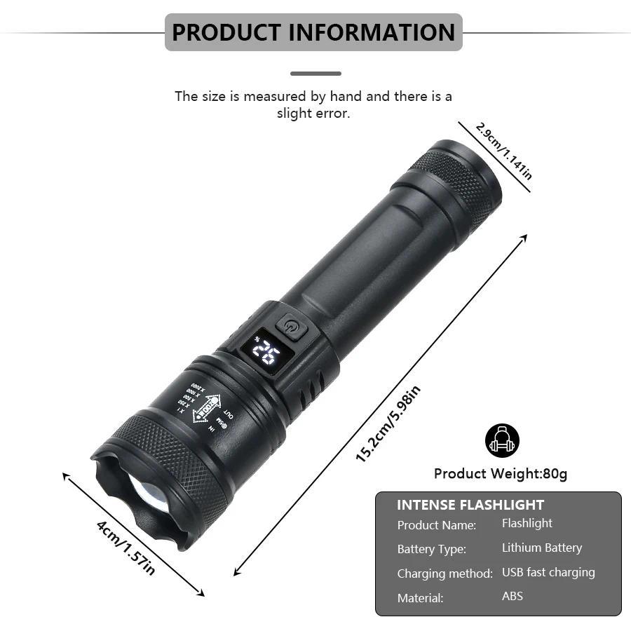 High Strong Power Led Flashlights Tactical Torch with Display Light USB Charging Camping Fishing Emergency Zoom Lantern
