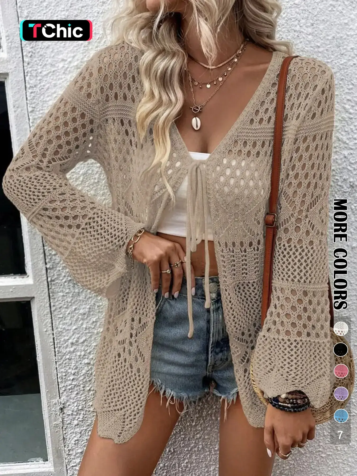 Women's Solid Color Hollow Out Tie Front Crochet Knitting Cardigan, Casual Basic Long Sleeve Knitwear for Summer, Fashion Women's Knit Clothing for Daily Wear, Casual Elegant Knitwear