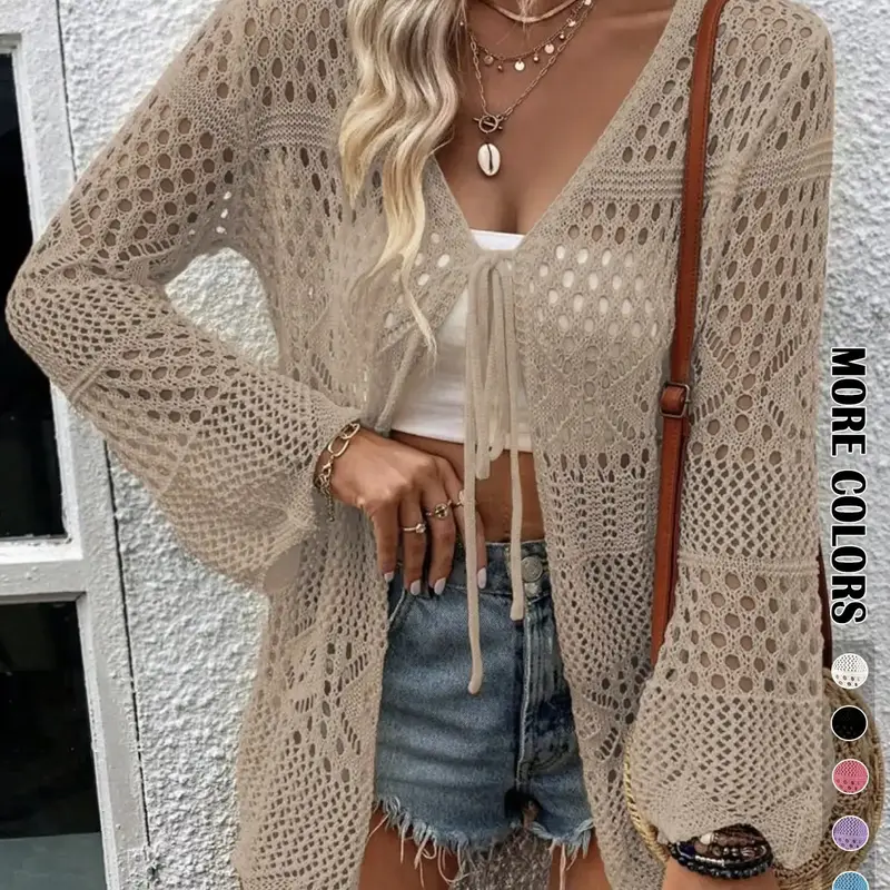 Women's Solid Color Hollow Out Tie Front Crochet, Casual Basic Long Sleeve Knitwear for Summer, Fashion Women's Knit Clothing for Daily Wear, Casual Elegant Knitwear Loose Fitting Knit