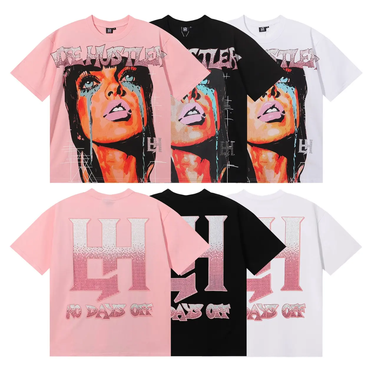 Life Hustlers Crying Woman Rhinestone Graphic Cropped T-Shirt, Cotton Tee, Oversized Y2K Hip Hop Streetwear Short Sleeve Top
