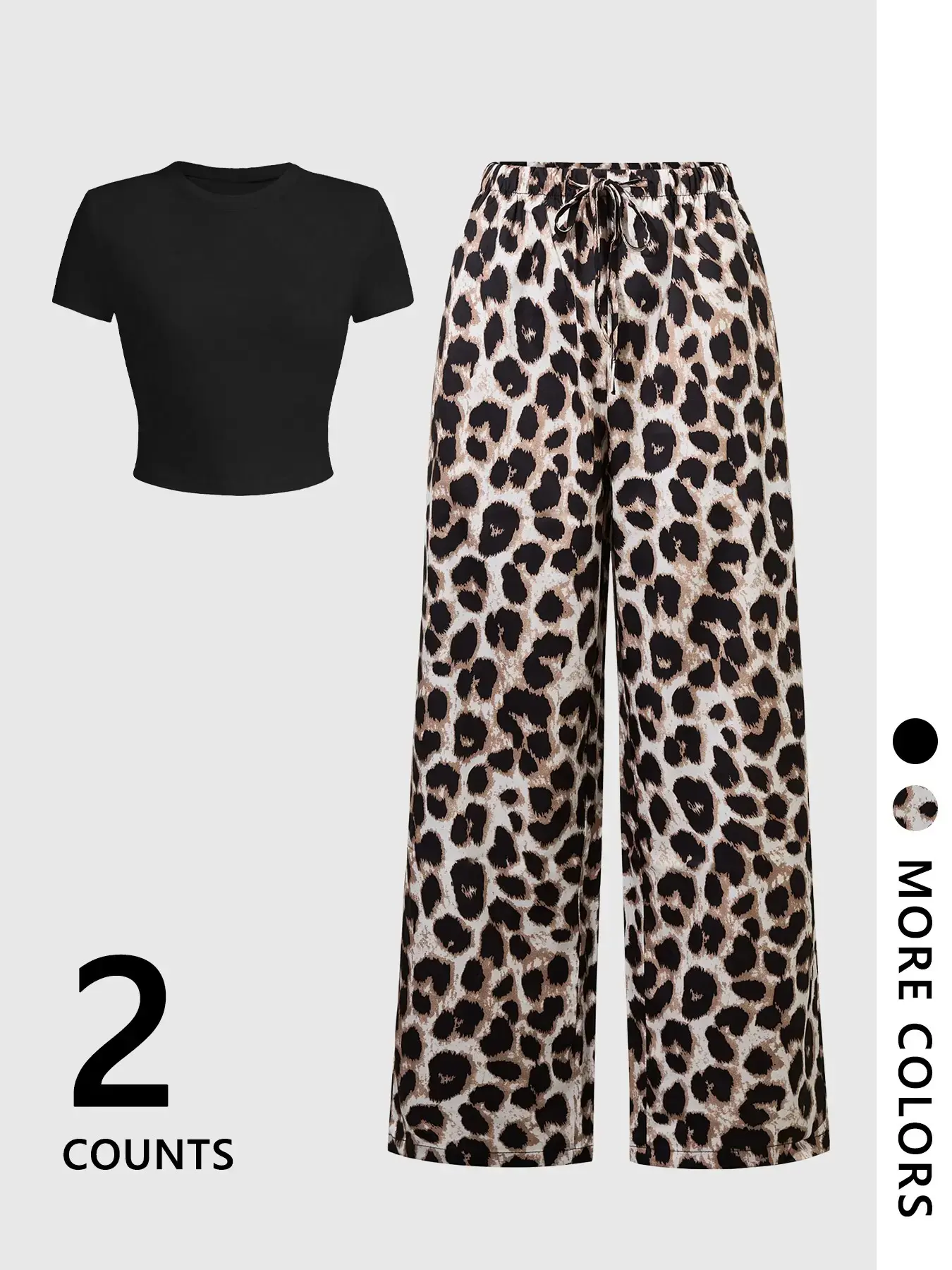 Women's Solid Short Sleeve Crop Top & Leopard Print Drawstring Wide Leg Pants 2 Piece Set, Y2K Casual Summer Clothes Women, Soft Matching Outfit, Fashion Tracksuit for Streetwear, Shopping & Daily Outfit, 2026 Trendy Wild Leopard Two Piece Outfit