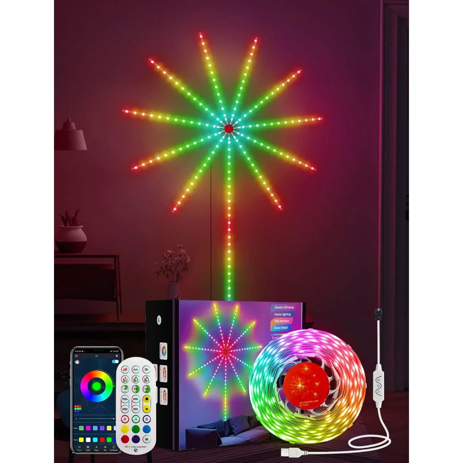 Smart Firework LED Lights, RGB Dream Color LED Lights Bedroom, LED Strip Lights with Remote App Control, Color Changing Music Sound Sync Light Bedroom, Christmas Decorations