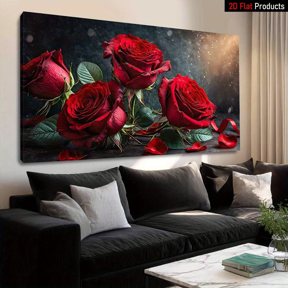 1 piece of large-frame canvas art print, Romantic Red Rose - High-quality wall art print poster ready to hang, with a pine wood frame, perfect for Valentine's Day decoration - A perfect gift for art lovers and home decor enthusiasts, 2D flat design, ideal