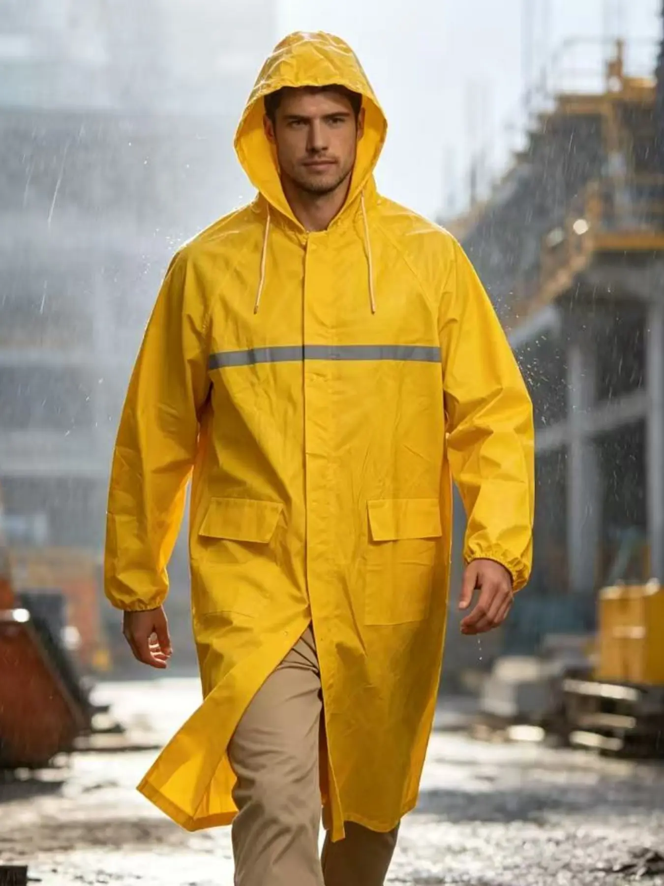 Bright Raincoat with Hood and Drawstring, Reflective Stripes, Waterproof Material, Loose Fit, Unisex, Ideal for Outdoor Activities