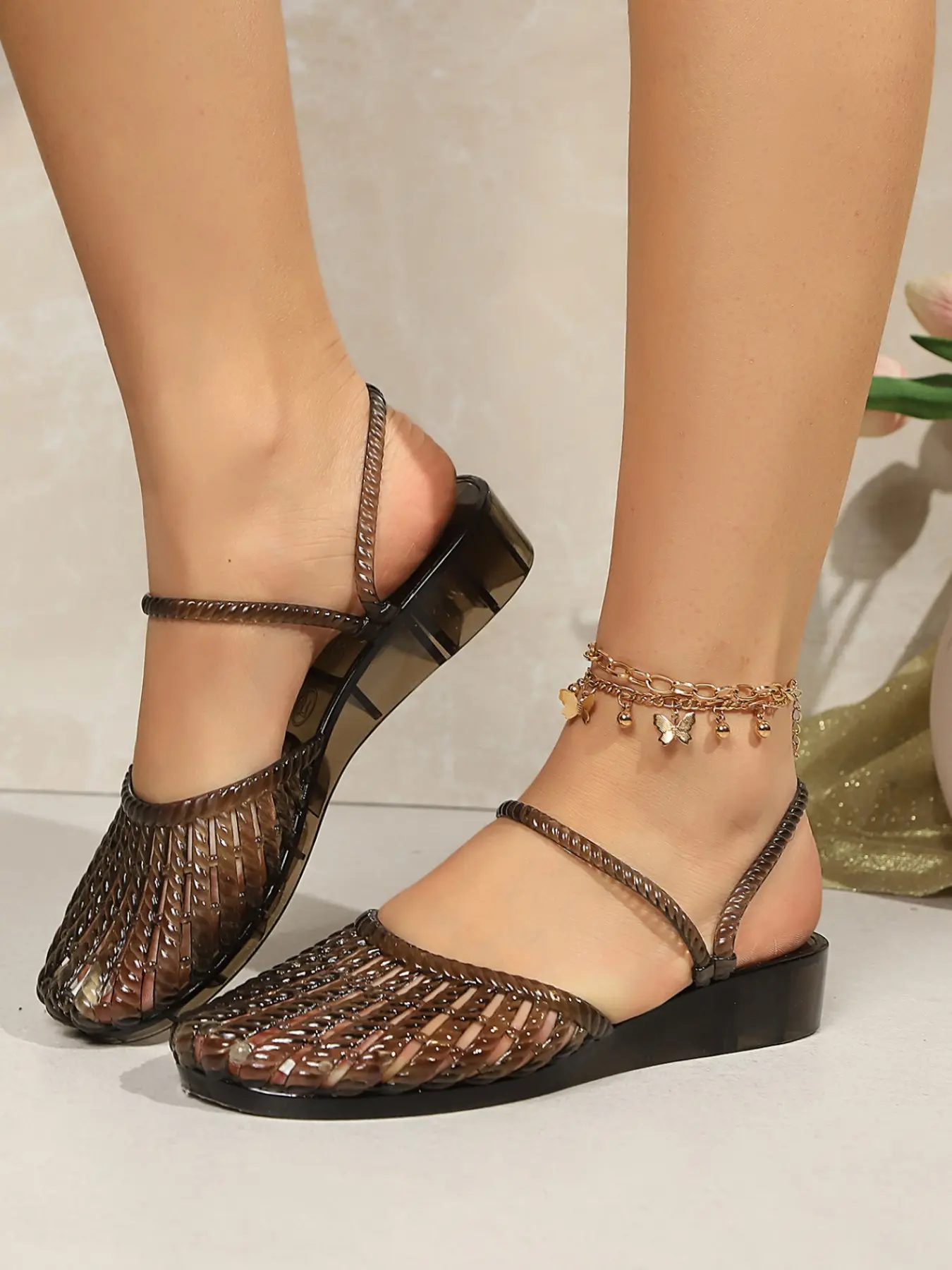 Women's Plus Size Hollow Out Jelly Sandals, Flat Bottom Sandals, Slope Heel Crystal Shoes, Soft Sole Lightweight Versatile Footwear, Breathable Backless Retro Holes, lightweight strappy sandals, Summer
