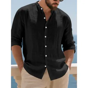 Men's Solid Color Linen Long Sleeve Shirt, Adjustable Cuffs, Casual Style, Comfortable Fabric, Suitable for Men's Daily Wear in Autumn