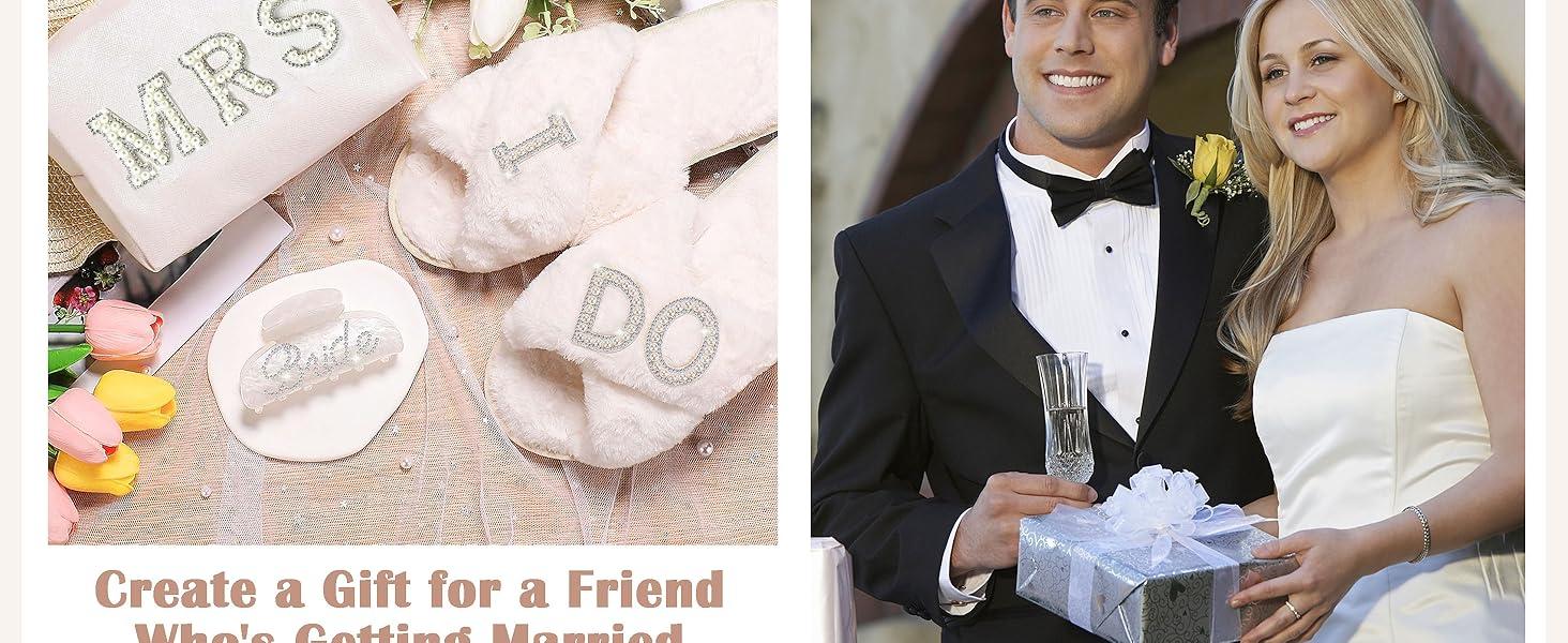 Bride To Be Gifts - Bridal Shower Gifts & Wedding Gifts for Bride - Gift Set: Makeup Bag, Slippers, Hair Clip - Bride Gifts