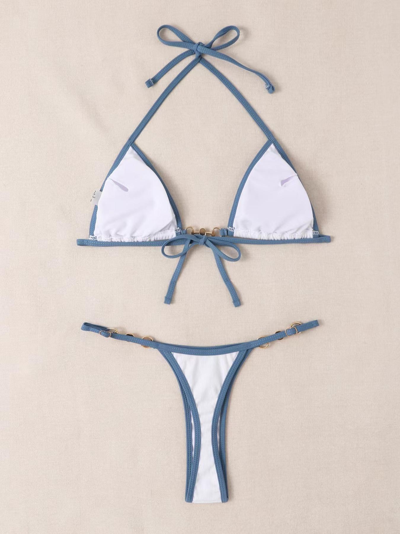 Women's Contrast Binding Chain & Faux Pearls Decor Bikini for Summer 2024, Halter Neck Triangle Bikini Swim Top & Swim Thong, Ladies Summer Swimsuit, Ribbed Triangle Bikini Triangle Underwear, Bikinis Sets