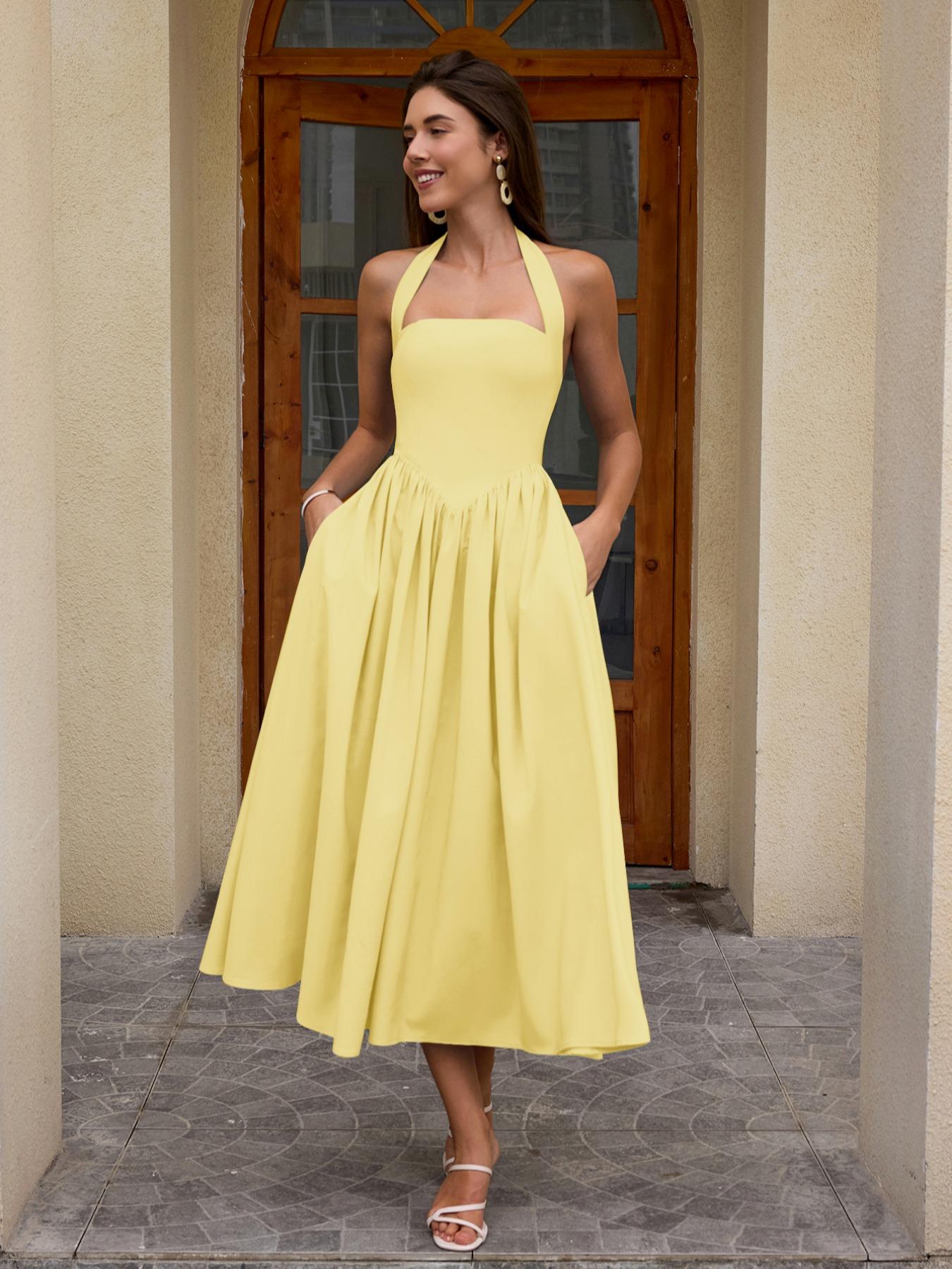 Women's Elegant Minimalist A-Line Sleeveless Dress with Pockets, Lady  Slim-Fitting Casual Chic Fitted Long Gown, Plain Design for Daily Wear,  Stylish Backless Neckline, Everyday Womenswear - TikTok Shop