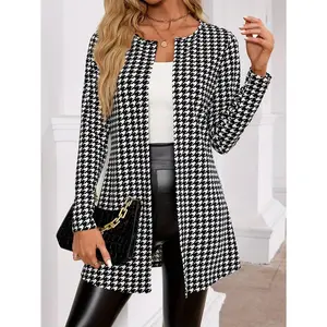 Houndstooth Open Front Outwear, Versatile Long Sleeve Outwear For Spring & Fall, Women's Clothing