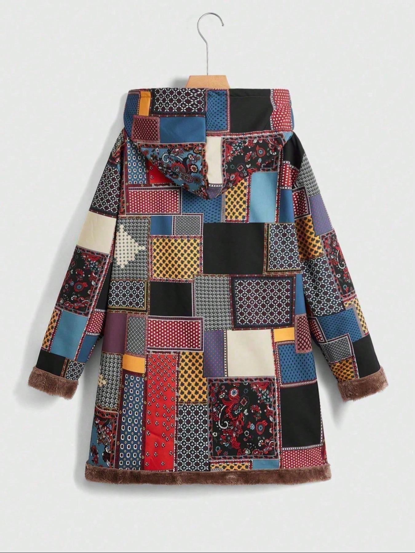 Women's Patchwork Print Long Sleeve Hooded Coat, Casual Jacket Coat, Casual Pocket Thermal Lined Outerwear for Fall & Winter, Women's Clothing for Daily Wear