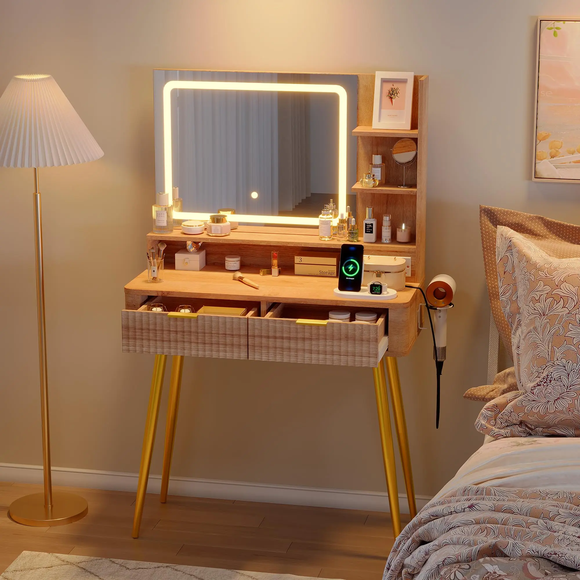 Dressing Table with LED Light, Vanity Desk with 3-Colour Lighted Mirror, 2 Drawers, 4 Open Shelves, Hair Dryer Holder & Metal Legs, Modern Makeup Desk with Built-in Plug & USB for Bedroom 80x35x132cm