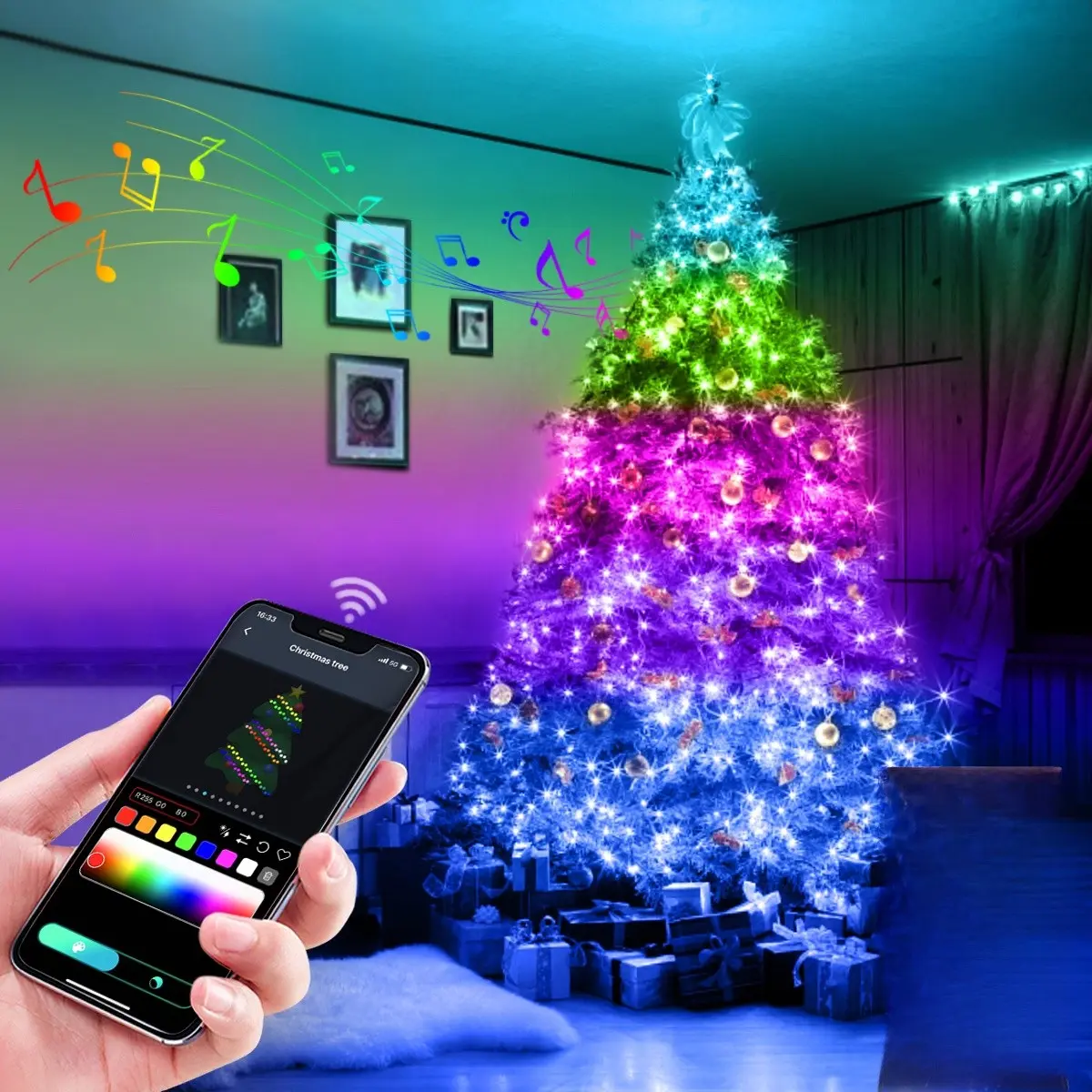 20M Colorful Christmas Tree LED String Lights, Smart Bluetooth-compatible APP Control, USB Powered Fairy Lights, Waterproof Garland, Indoor Outdoor Decorations