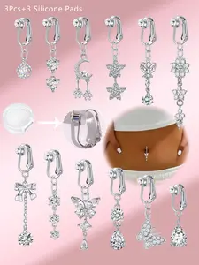 Non-Piercing Cz Embellishment Fake Belly Rings with Butterfly Clip On, Elegant Party Accessory with Silicone Padding, Fake Belly Piercing