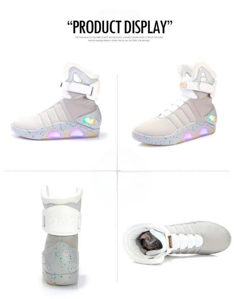 Stylish White USB-Rechargeable Glow-in-the-Dark High-Top Sneakers with Neon Lights & Stripes for Street Dancing & Nighttime Exercise back  to  the  future  shoes