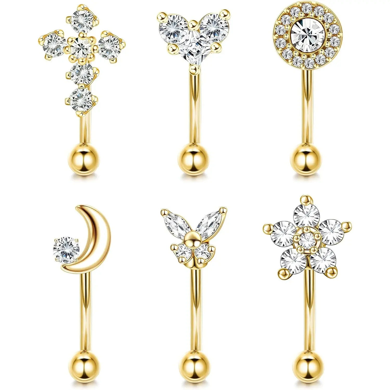 Unisex 6-Pcs 16G Stainless Steel Body Piercing Jewelry Set for Women, Casual Daily Wear Rook-Daith-Tragus-Cartilage-Eyebrow-Lip-Belly Rings