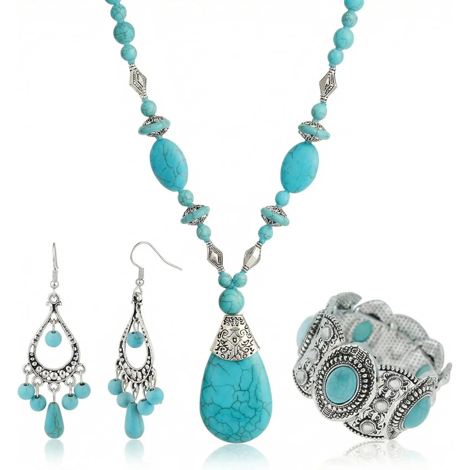 3 count  Turquoise  Set for Women  Boho  Statement Necklace Earrings Bracelet Set Chunky  Turquoise Cowgirl  for Party