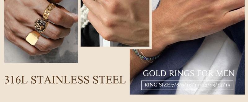 FUNRUN 3Pcs 14K Gold Plated Rings for Men Women Chunky Cuban Link Ring Size 7-15