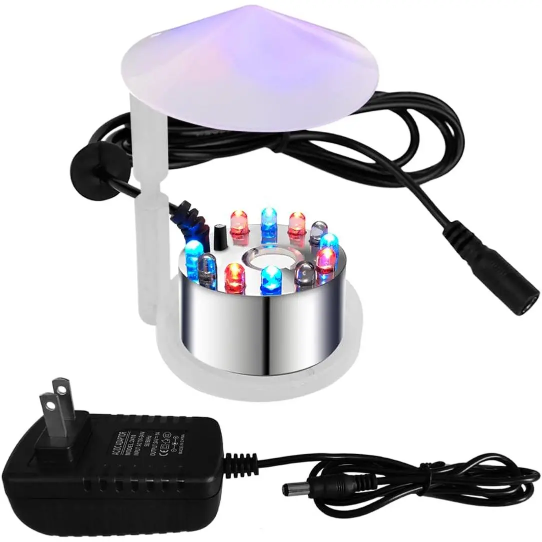Mist Maker, 12 LED Mister  Water Fountain Pond Fog Machine Atomizer Air Humidifier, Indoor Fountain Mister Foggers  for Halloween