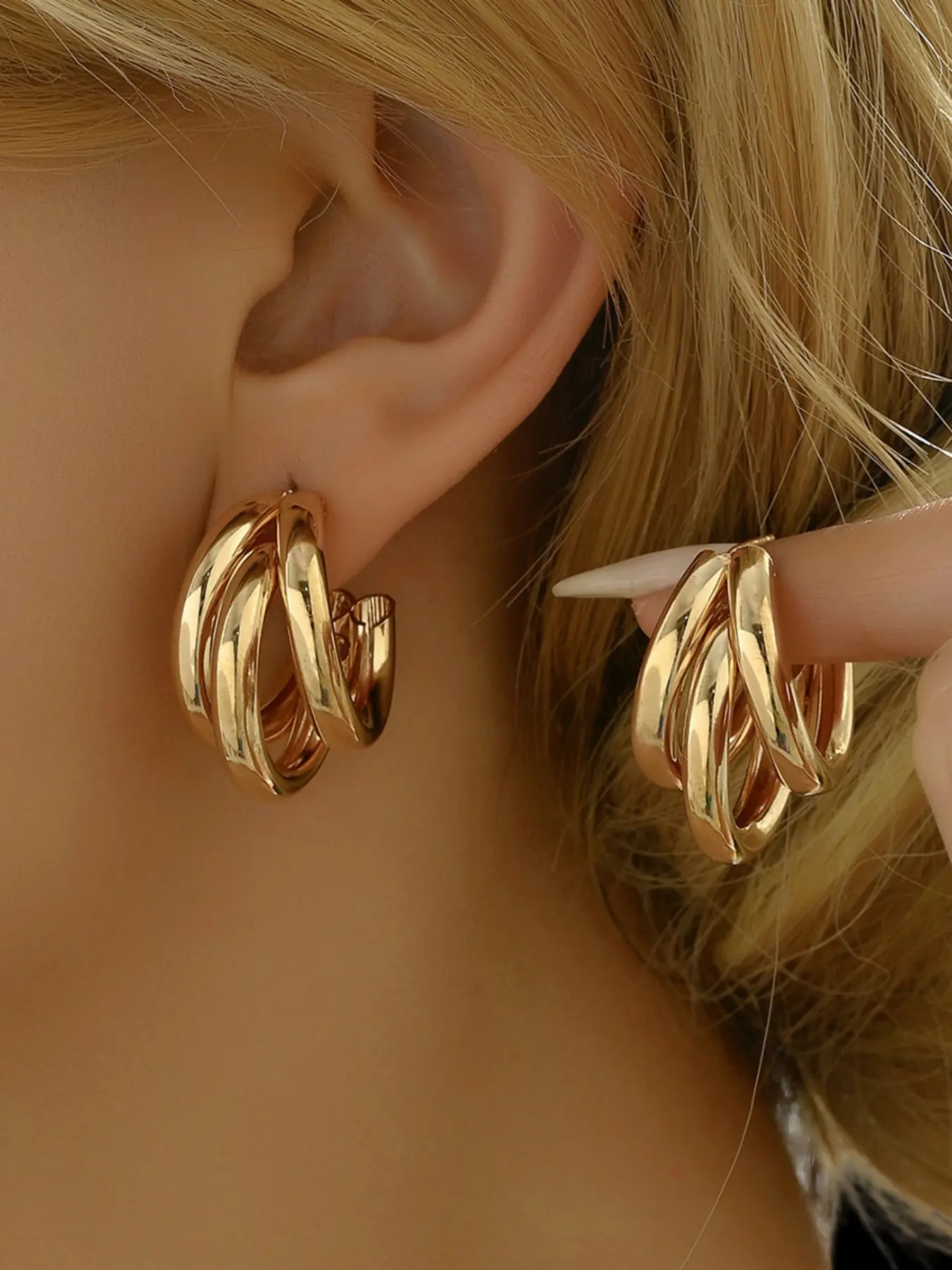 18k Triple Hoop Earrings for Women, Chunky Layered Huggie Earrings, Minimalist Statement Jewelry, Waterproof Hypoallergenic