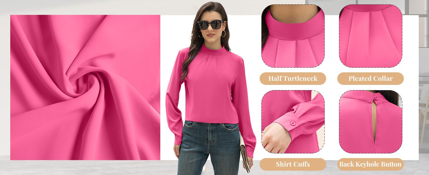 Women's Long Sleeve Chiffon Blouse - Mock Neck, Front Pleated, Fall Trendy Tunic - Soft Fabric, Elegant Design, All Match, Various Occasions, Stand Collar, Multiple Colors plus size fashion #Springfresh