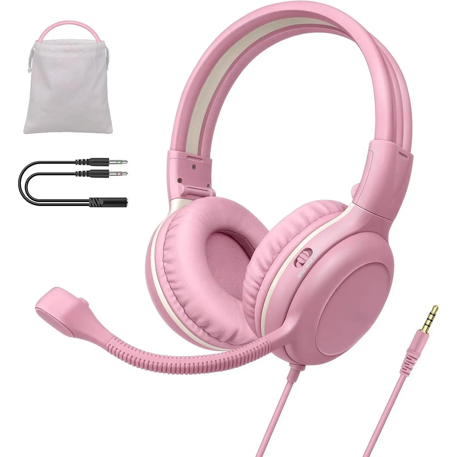 Wired Stereo Headphones with Boom Microphone, Adjustable Foldable Design, 75/85/94 dB, Adapter Compatible, In-Line Button Control for iPad, PC, Laptop, Students, Teens, Multiple Devices