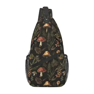 Mushroom Sling Bag Vintage Mushroom Leaf Forest Hiking Daypack Crossbody Shoulder Backpack Travel Chest Pack for Men Women