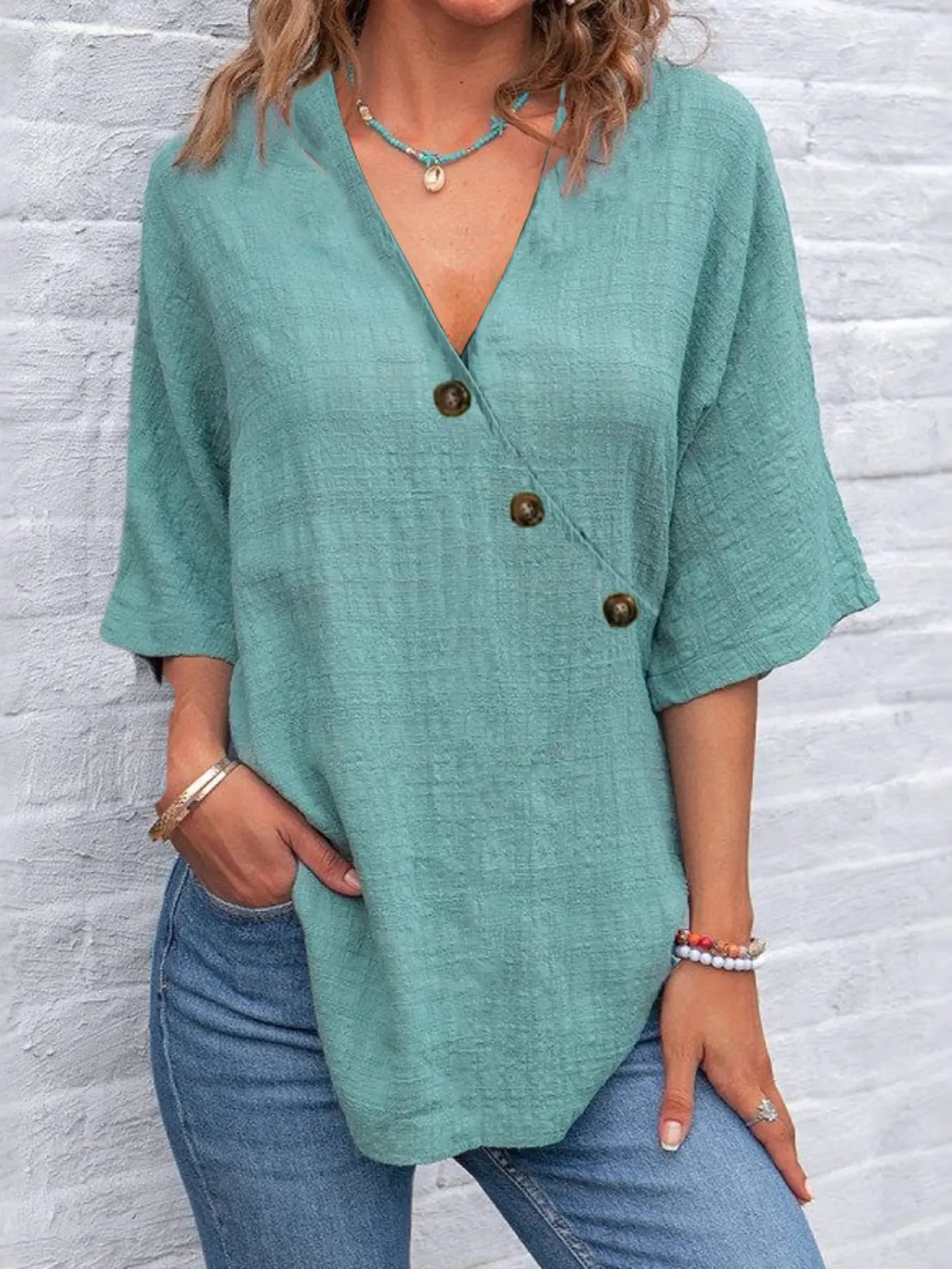2026 Women's Shirt Faux Cotton Linen, Patchwork Buttons, Plain Daily Casual, Half Sleeve Butterfly Sleeve, Crossover Collar, Loose-Fitting