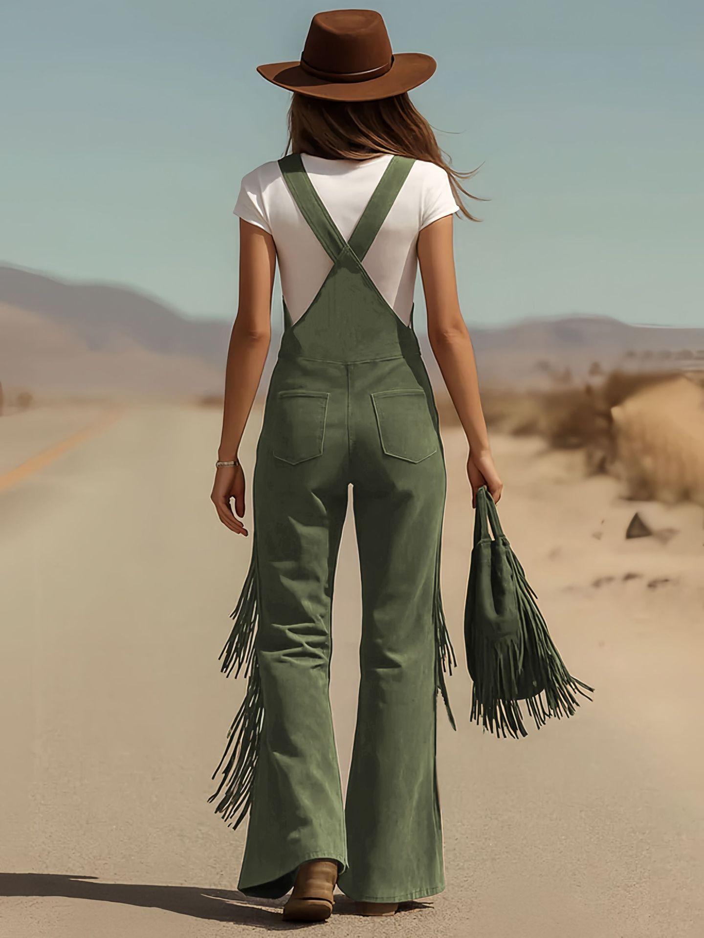 Women's Retro Faux Suede Fringe Wide-Leg Cargo Pants