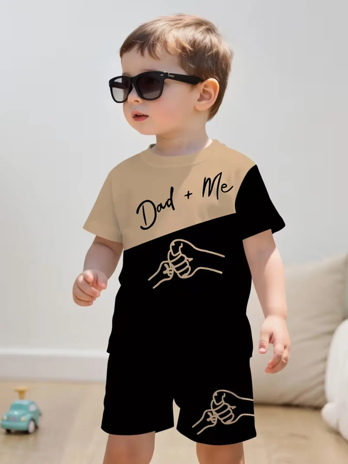 Colorblock Dad+me Father-Son Set, Handwritten English Gesture Print, Boys' Casual Summer, Two-Piece Set