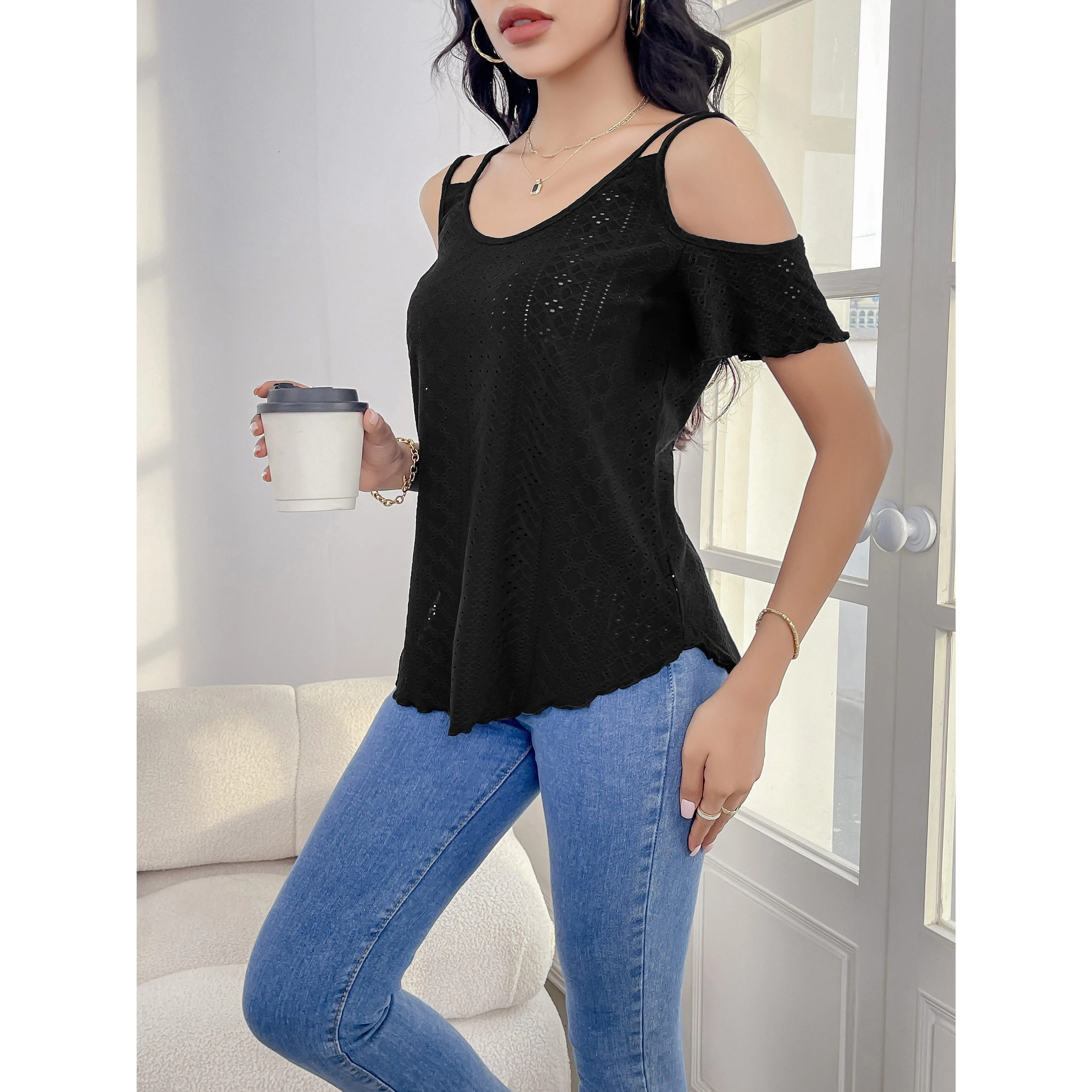 Directional Embroidered T-Shirt with Shoulder Cutouts
