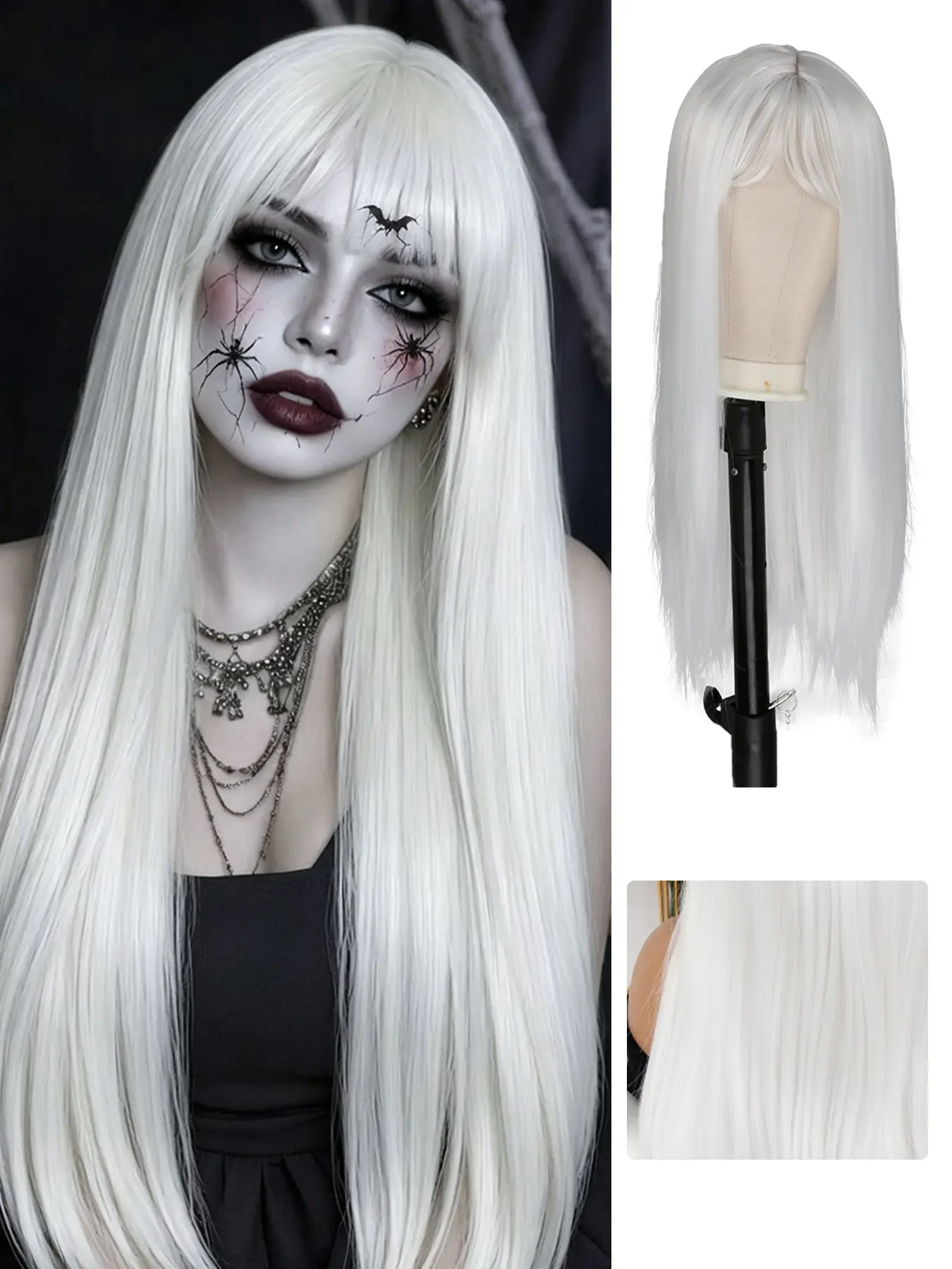 26 Inch Wig with Bangs Long Straight Synthetic Wigs for Women (White/Black)，Natural Looking Heat Resistant Hair,Suitable for Daily，Party，Halloween and Cosplay，Beginner-friendly，Lightweight and Soft.