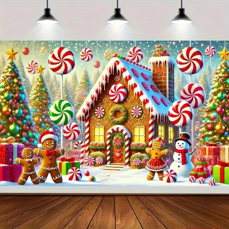 Gingerbread Snowman Christmas Backdrop Banner Polyester Fabric Tapestry Candy House Holiday Photo Background Wall Hanging Party Decor Indoor Outdoor Festive Display Scene