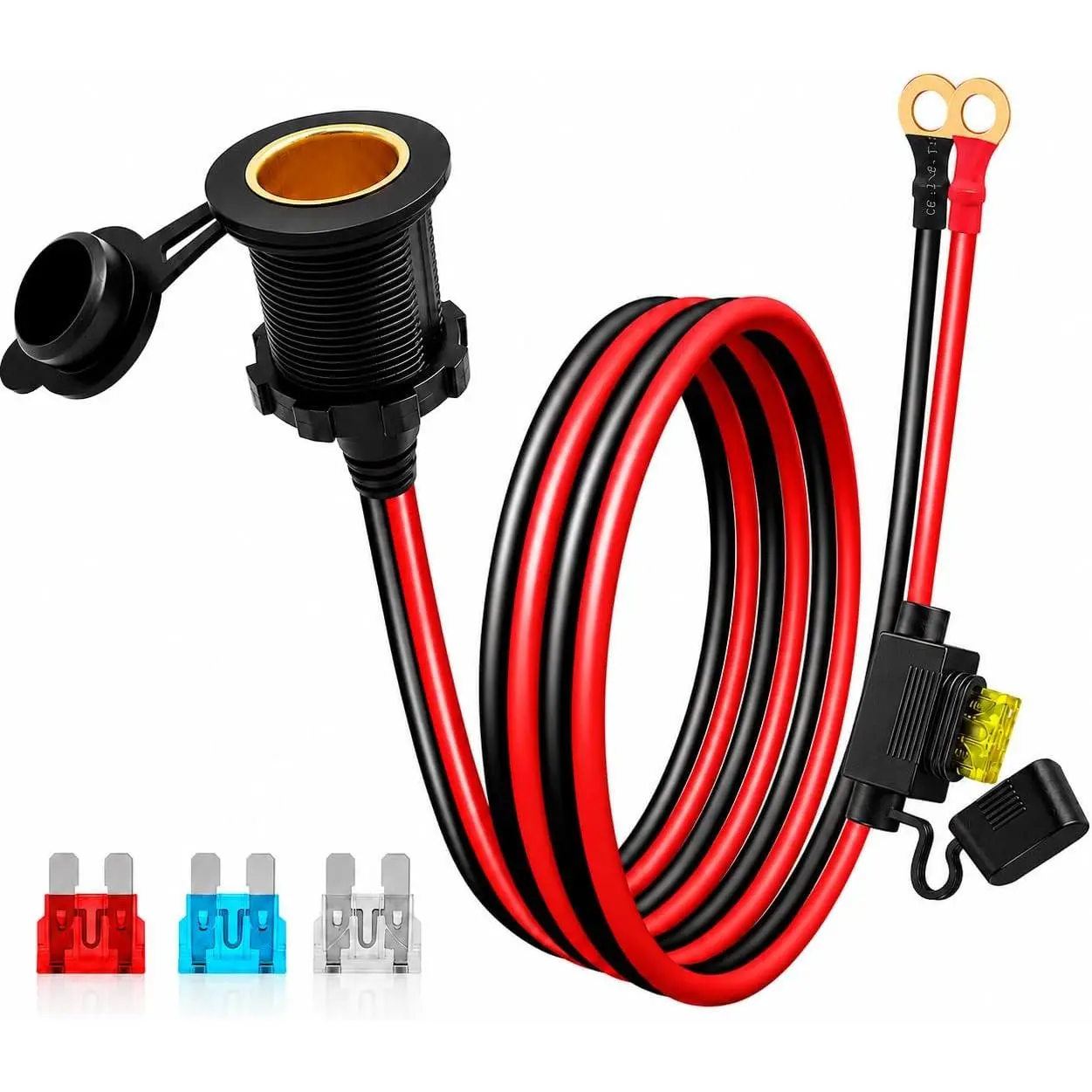 12V/24V Female Cigarette Lighter Socket to Battery Ring Terminal Extension Cable - 3FT Heavy-Duty 12AWG Pure Copper Extension Cord with 10A/15A/20A/25A Fuses, Waterproof Car Power Adapter for Boat, ATV, Lawn Tractor, High-Power Devices