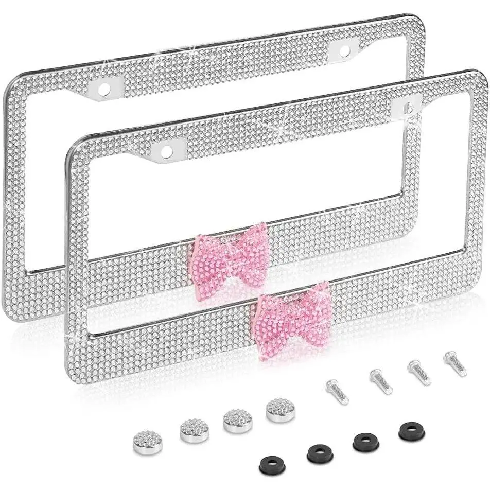Bling Queen 2 Pack Bling License Plate Frame, Rhinestone Premium Stainless Steel License Plate Frame, Facets Clear Color Rhinestone Crystal, Girly Car Accessories Automotive Vehicle