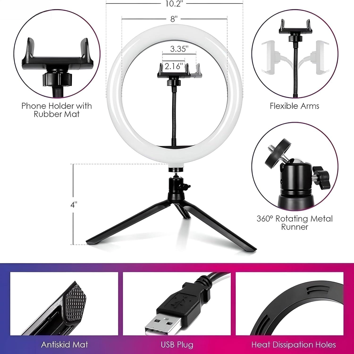 10" Selfie Ring Light with 4" Desktop Tripod Stand & 1 Phone Holder, LED Ringlight with Dimmable Modes(RGB) for Makeup/Photography/Videos/Vlog/ (STDLR10-V2)