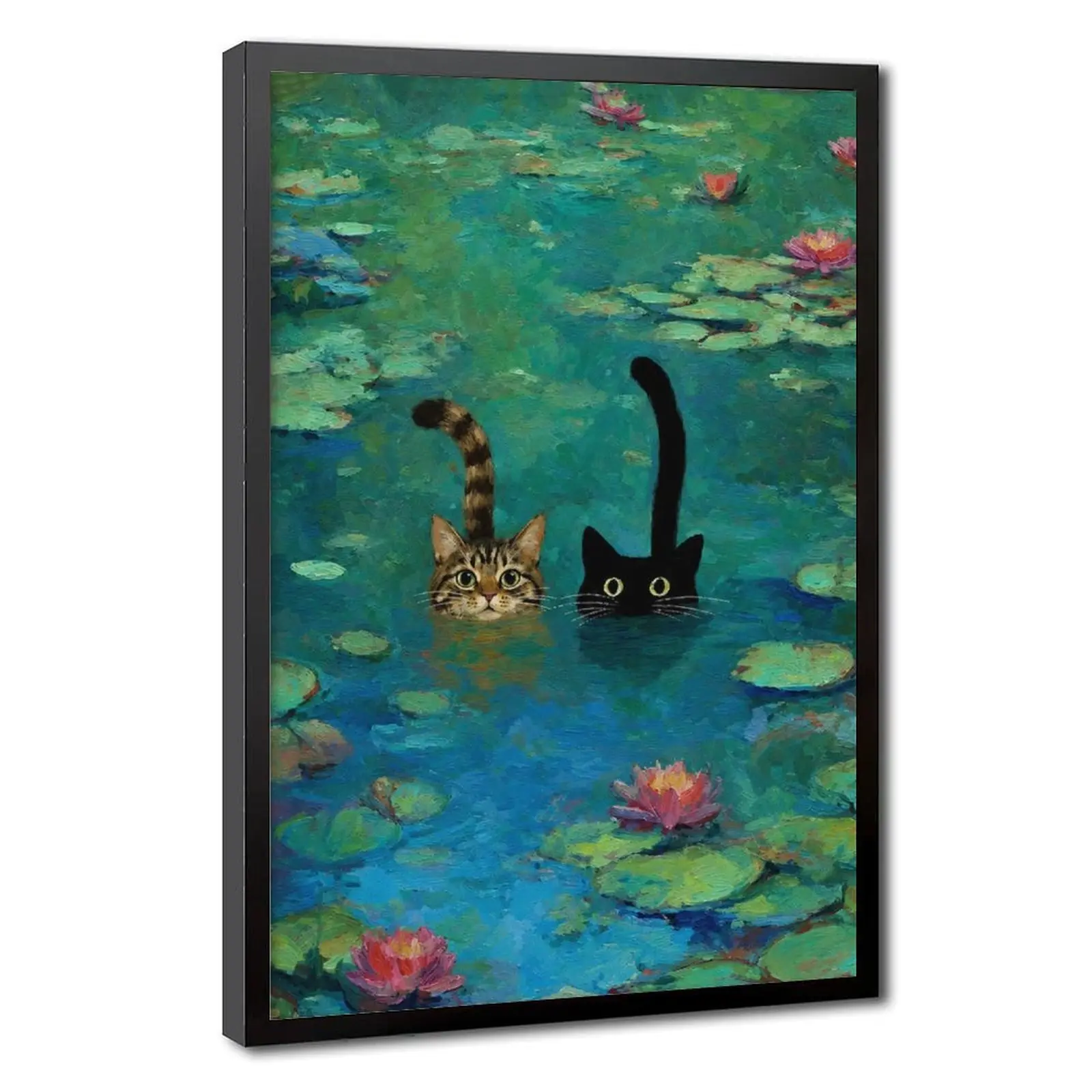 Monet Style Cat Canvas Wall Art, Impressionist Two Cats Swimming In Water Minimalist Whimsical Animal Poster for Living Room Bedroom Bathroom
