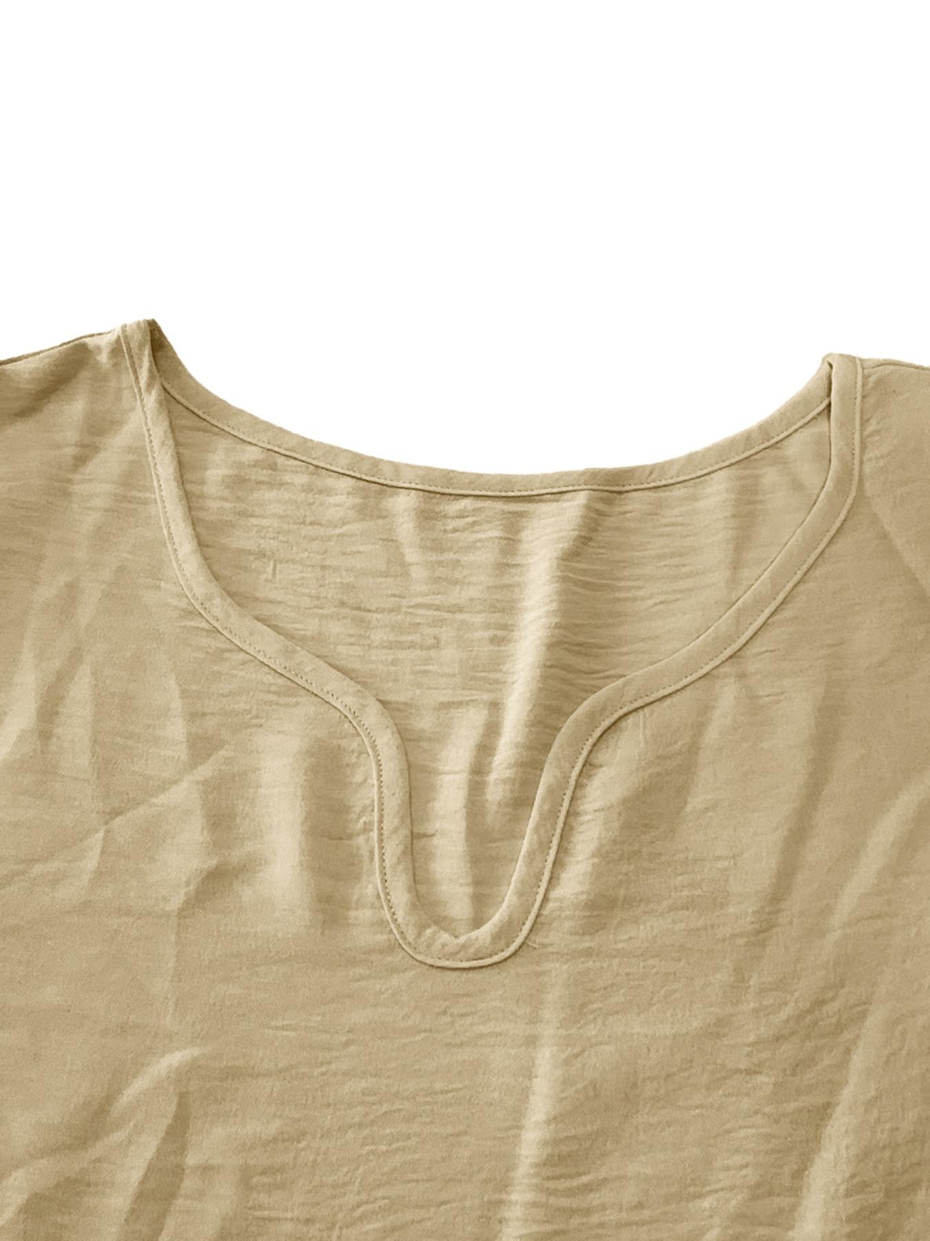 Plus Size Plain Frill Trim Petal Sleeve Notched Neck Tee, Casual Short Sleeve T-shirt for Daily Wear, Women Plus Clothing for All Seasons